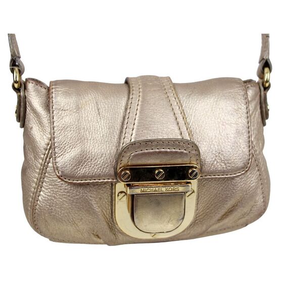 MICHAEL KORS ANTIQUE GOLD GENUINE LEATHER FLAP X-BODY SHOULDER BAG HANDBAG PURSE - Picture 4 of 14